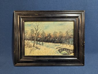 Antique Folk Painting On Artist Board - Snow Scene At Sunset