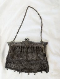 Beautiful Antique German Silver Mesh Purse With Leather Interior