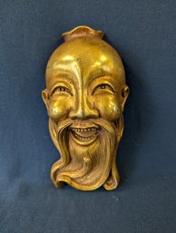 Carved Wood Golden Happy Buddha Face Wall Art