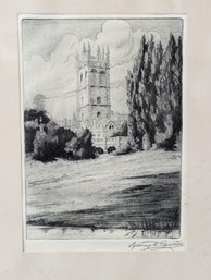 Sydney Herbert Paviere Etching Of Magdalen Tower In Oxford England