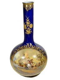 Fantastic Antique Dresden Porcelain Cobalt And Gold Historic Hand Painted Bottle Neck Vase