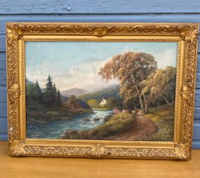 Large Antique European Oil Painting With Label