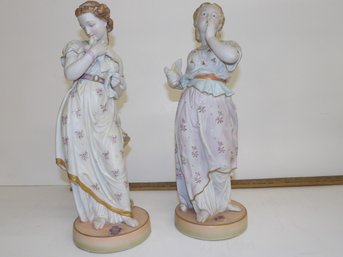 Pair Vintage Lulis Royal Crown China Bisque Figures . Two Women With Birds