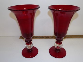 Pair Ruby Glass Pairpoint Style Controlled Bubble Vases