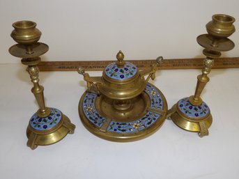 French Brass 19th Century Enameled Inkstand With Pair Matching Candlesticks