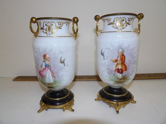 Pair French Opaline Decorated Glass Brass Mounted Vases With Hand Painted Decoration