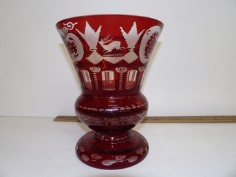 Large Etched Red Bohemian Vase With Various Scenes