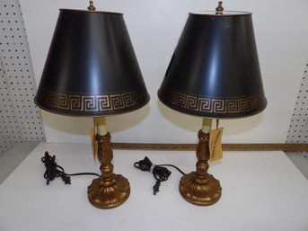 Pair Of Decorative Lamps With Tole Shades, Carved Wood Bases Greek Key Design