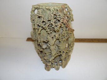 Large Heavily Carved Japanese Green Soapstone Vase