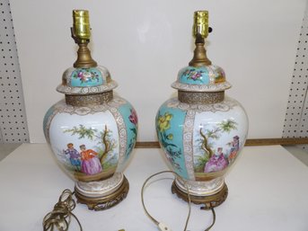 Pair Vintage Porcelain Ginger Jars Lamped, Probably German With Good Decoration 14' Plus Socket