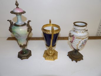 Three Porcelain Brass Mounted Antique Urns