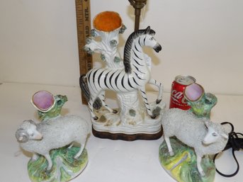 English Staffordshire Figural Group, Zebra Mounted On Lamped Base, Pair Of Sheep