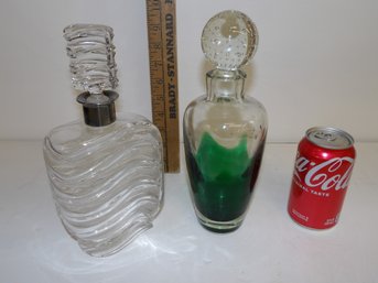 Two Vintage Decanters Glass And .925 Birks 10' With Wave Design And 10 1/2 Controlled Bubble Art Glass