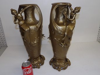 Pair Figural French Spelter Vases On Fancy Plinths Needing To Be Attached