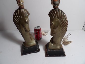 Pair Art Deco Modernist Figural Plaster Lamps Depicting Stylized Horses Signed Kuper