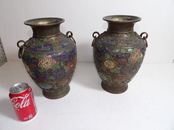 Pair Chinese Bronze Cloisonn Vases Missing Bottoms