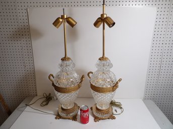 Pair Vintage Crystal And Brass Table Lamps With Handles And Mythological Figures