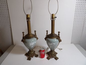 Pair French Brass Mounted Enameled Porcelain Lamps Caledon Green And Cream