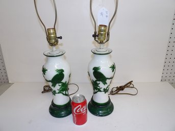 Pair Chinese Peking Glass Vases Lamped Green And White Birds And Floral