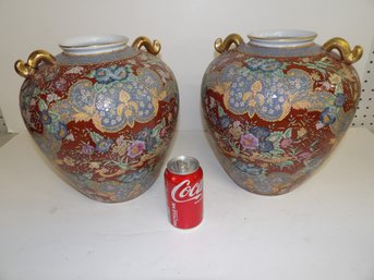 Pair Of Contemporary Asian Urns With Enamel Decoration