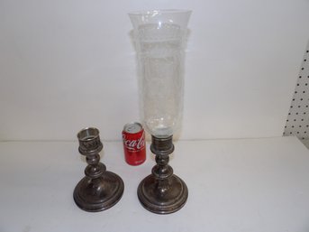 Pair Of Whiting Sterling Weighted Candlesticks With One Cut Glass Hurricane Shade