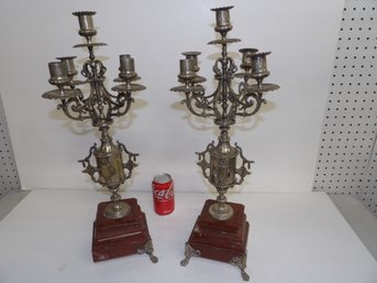 Pair Silvered Brass Candelabra Garniture 19th Century On Rouge Marble Bases