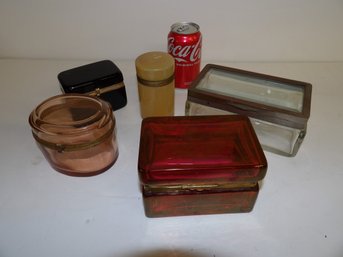 5 Antique Glass Hinged Dresser Boxes In Good Condition, A Few Scratches 3' To 4 1/4' In Height