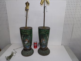 Pair Of Paint Decorated Pottery Or China Vases Lamped On Wooden Bases