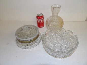 Three Pieces Cut Glass Including Hinged Etched Glass Dresser Box, Bowl And Water Bottle Decanter