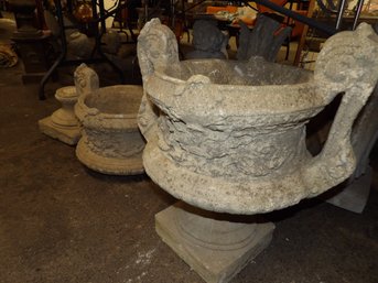 Pair Fancy Cast Stone Planters On Bases, One Base Has Loss And Will Need To Be Repaired