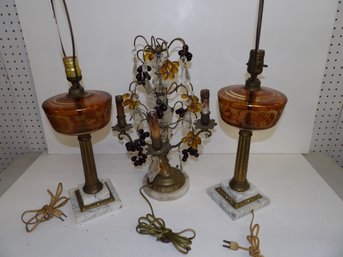 Pair Of Vintage Amber Oil Lamps Electrified, With Glass Fruit Candelabra Needing Work