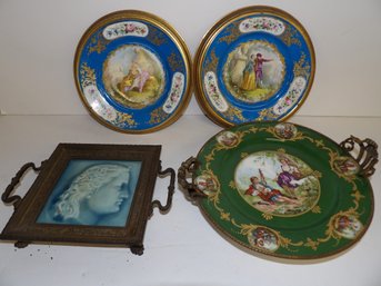 Sevres Porcelain Plate In Brass Mount, A Pair Of Gilt Framed Porcelain Plates And A Brass Mounted Glazed Tile