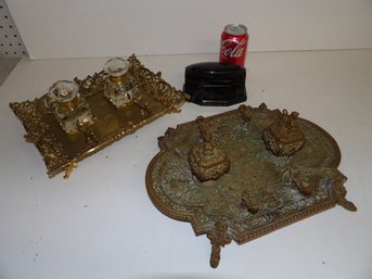 Inkwells: Marble And Brass Hinged Casket, Ornate Brass, Crystal Inkwells, Fancy Cast Brass 'as Is' Hinges