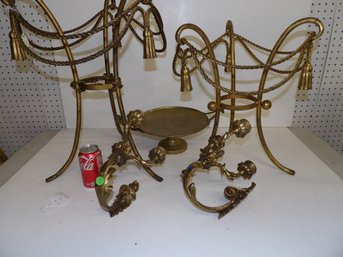 Two Tassel Tables, No Tops 21 3/4', A Pair Of Spelter Gilt Sconces, And A Fine Bronze 10 1/2' Tazza