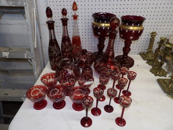 Large Collection Red Bohemian Glass And Pair Ruby Garnitures