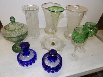 9 Piece Group Of Glass, 2 Cobalt Dresser Jars (as Is),  Epergne, Bohemian Stems, Pr Vases, Bubble Glass Vase,