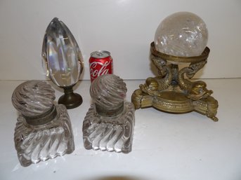 2 Baccarat Inks, Fine Crystal And Brass Newell Post, Bronze Dolphin Base With Rock Crystal Ball(not Original)