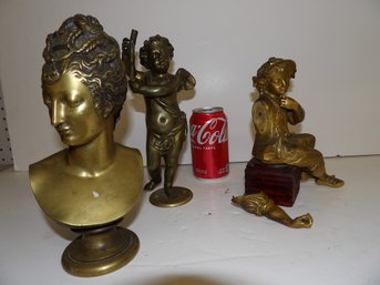 3 Vintage Bronzes Boy With Detached Arm, Standing Putti, Bust Of Grecian Girl Tallest 9'