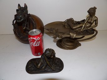 3 Bronzes Art Nouveau Lady On Pond Lily,nronze Woman With Seashell, Horse Head On Wooden Mount