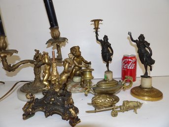 Collection Various Bronzes, Lamp,pr Figural Sticks, Miniature,cherub On Onyx Base Etc