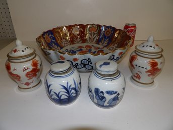 Large 15' Imari Bowl And Two Newer Pairs Chinese Porcelain Jars