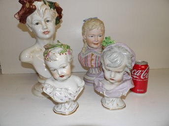 4 Busts 2 Earlier French Porcelain, 19th Century Bisque Girl And Italian Pottery Boy