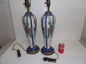 Pair Tall Boch Freres Art Deco Vases Lamped Damaged And Drilled