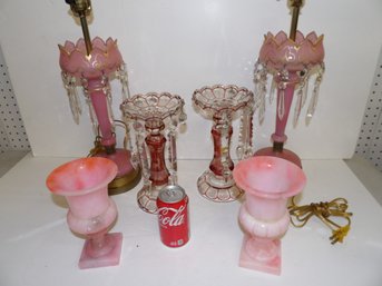 3 Pairs, Pink Marble, 2 Pair 19th Century Garniturea