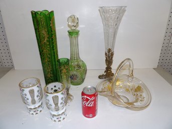 7 Various Pieces Bohemian, Enameled And Cut Glass Vases