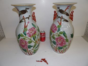 Pair Chinese Decorated Vases With Damage To Porcelain Probably 1980's