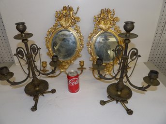 Pair Victorian Brass Candelabra, Pair Gilt Brass Sconces