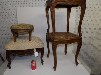 Pair French Carved Walnut Caned Stools, Small Footstool And Early Victorian Stool