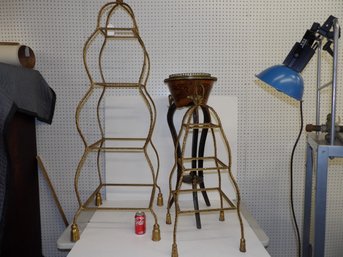 2 Gilt Metal Tassel Stands(no Glass Shelves) And Inlaid Brass Mounted Planter With Losses And Needing Work