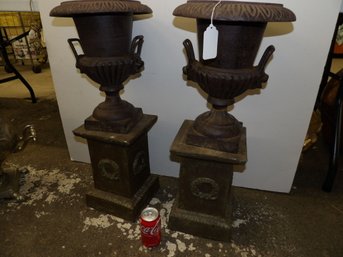 Pair Cast Iron Victorian Style Urns On Iron Plinths  27' Tall